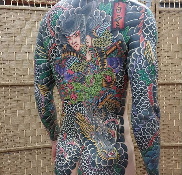 点击大图看下一张：霸气的彩色大面积满背传统日式纹身花臂纹身图案