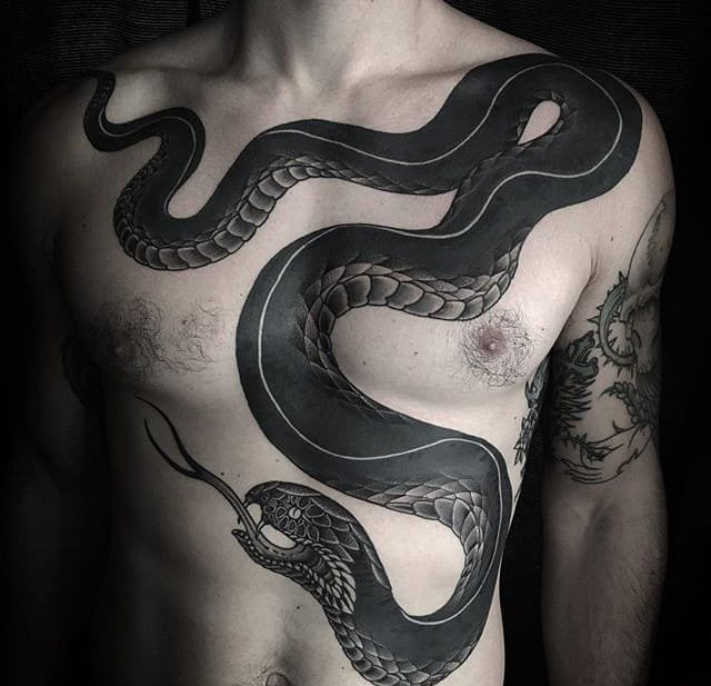 点击大图看下一张：黑色的水墨风格点刺纹身动物图案纹身