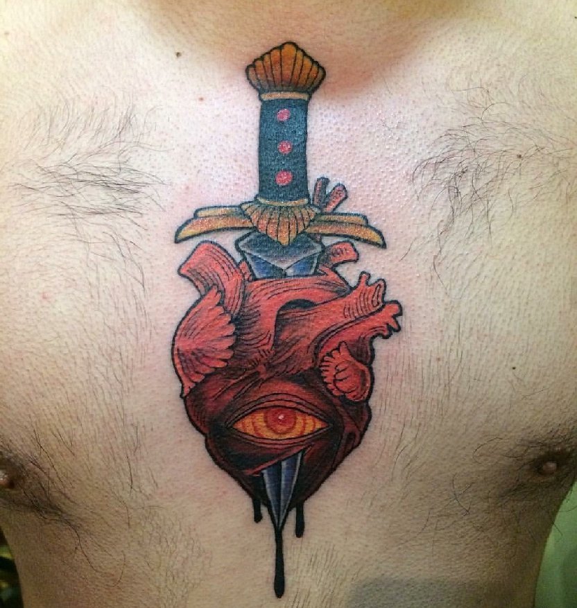 点击大图看下一张：男性正前胸口上的眼睛,心脏匕首纹身图片