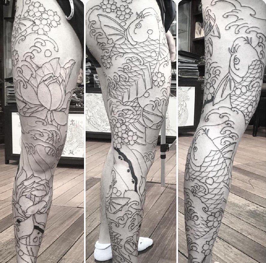 点击大图看下一张：日本花腿纹身樱花纹身鲤鱼荷花粗线条纹身图片