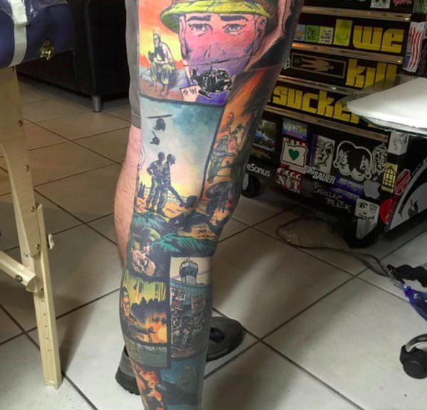 点击大图看下一张：帅气的彩色花腿纹身水墨画纹身图案