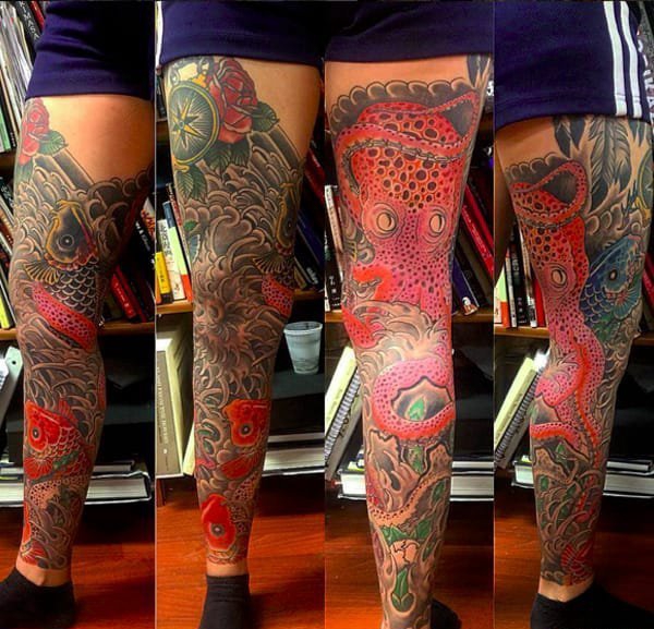 点击大图看下一张：帅气的彩色花腿纹身水墨画纹身图案