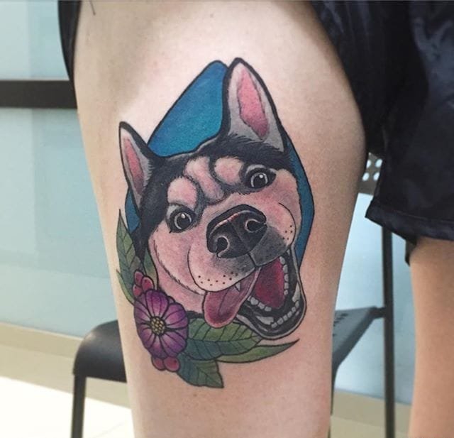 点击大图看下一张：13款可爱的宠物狗纹身动物哈士奇肖像纹身图案