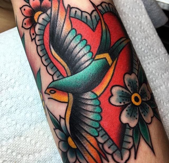 点击大图看下一张：手臂上彩色传统纹身动物和骷髅头纹身图案