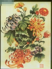 一张漂亮潮流的彩色骷髅与菊花纹身图案