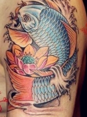 手臂上的彩色鲤鱼莲花纹身图案