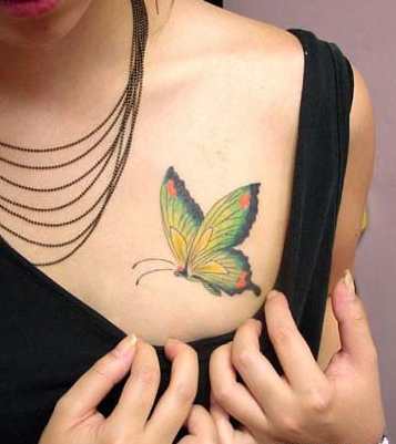 点击大图看下一张：美女胸部一只彩色蝴蝶纹身图案大全