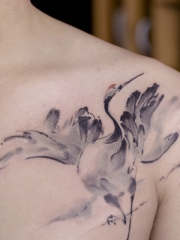 肩部的中国风丹顶鹤纹身图案很唯美
