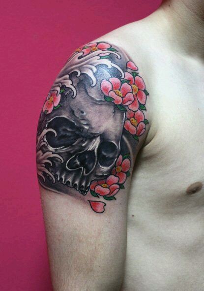 点击大图看下一张：男性手臂超酷彩绘骷髅花卉纹身