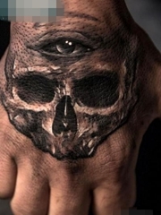 手背上一张个性骷髅纹身图案