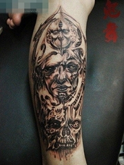 腿部潮流经典的欧美骷髅与鬼头纹身图案