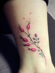 小腿处小清新唯美植物花朵纹身图案