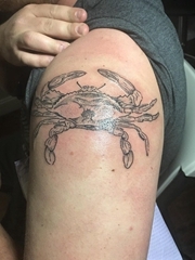 男性左手臂上黑灰色螃蟹纹身动物图片