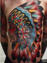 个性的胸口彩色印第安人头像纹身