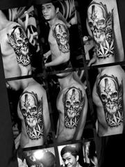 男生手臂潮流很酷的黑灰骷髅纹身图案