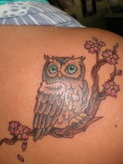 女孩后肩背上漂亮的树枝花和猫头鹰纹身图案