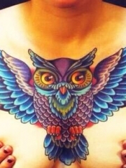 女生胸部时尚的彩绘猫头鹰纹身