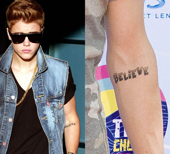 点击大图看下一张：明星贾斯汀比伯手臂内侧BELIEVE英文字母纹身图案