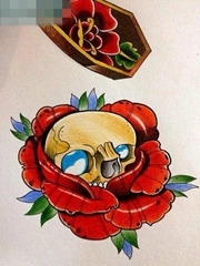 一张小巧潮流的骷髅玫瑰花纹身图案