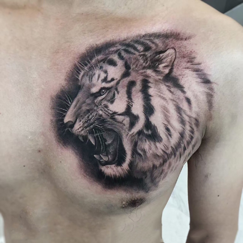 点击大图看下一张：胸部霸气咆哮的虎头纹身图案