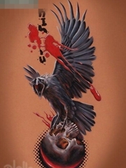 一张超酷经典的乌鸦与骷髅纹身图案