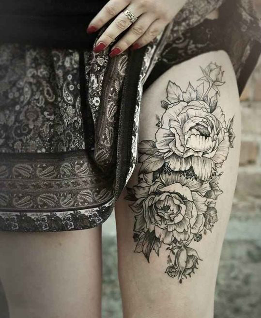点击大图看下一张：富丽堂皇，大腿牡丹花创意纹身图案