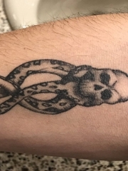 男性手臂上黑色骷髅头和蛇纹身图片