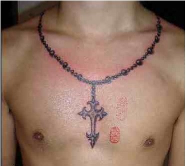 点击大图看下一张：男性锁骨个性十字架项链纹身图片