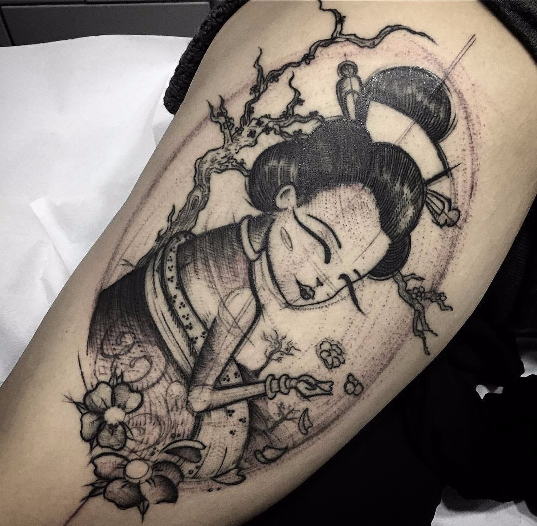 点击大图看下一张：15款水彩纹身日本艺伎纹身人物名妓纹身图案