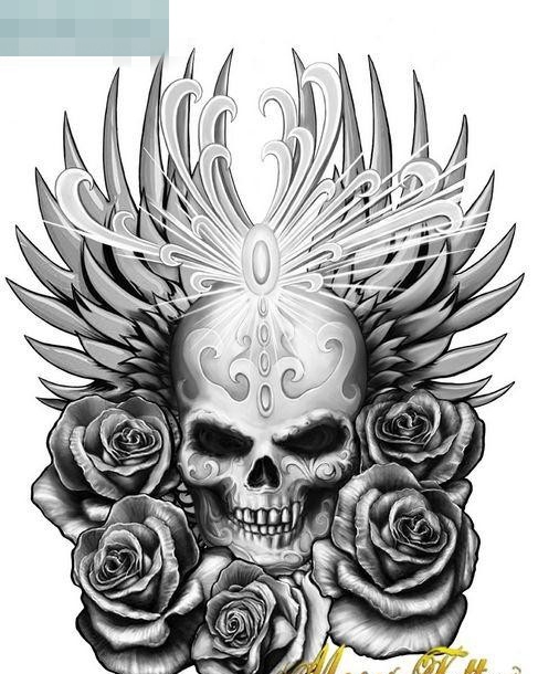 点击大图看下一张：一张帅气的骷髅与玫瑰花纹身图案