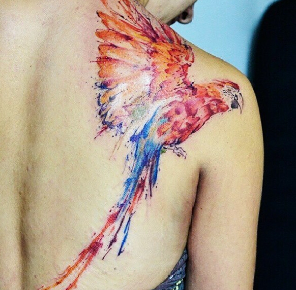 点击大图看下一张：女性后肩彩色鸟纹身图案