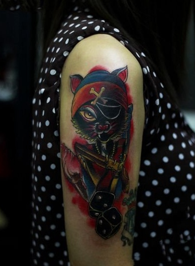 点击大图看下一张：狂野猫星人海盗手臂纹身