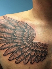 男性锁骨上的英文字和右胸部上的一只天使翅膀纹身图片