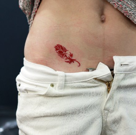 点击大图看下一张：腹部美丽红色羽毛图腾纹身图案