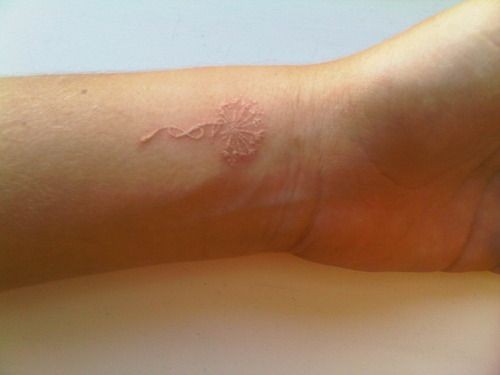 点击大图看下一张：手腕漂亮的小花鸽子血隐形纹身图片