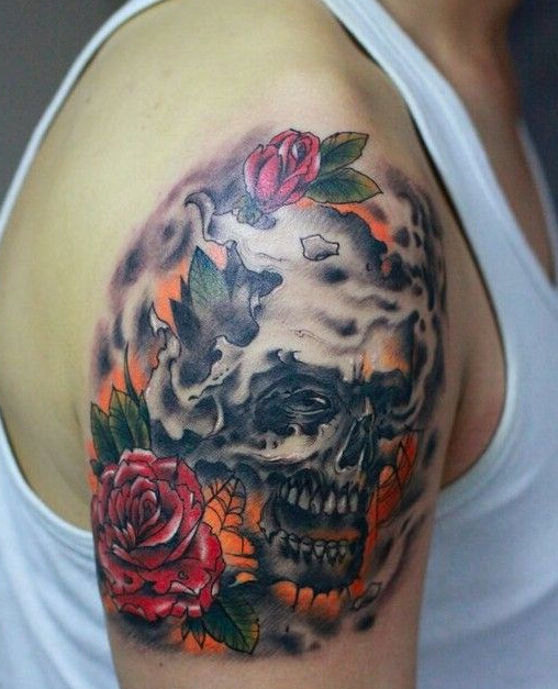 点击大图看下一张：欧美骷髅玫瑰创意手臂纹身图片