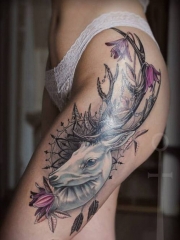 时尚女性腿部个性羚羊花蕊纹身图案