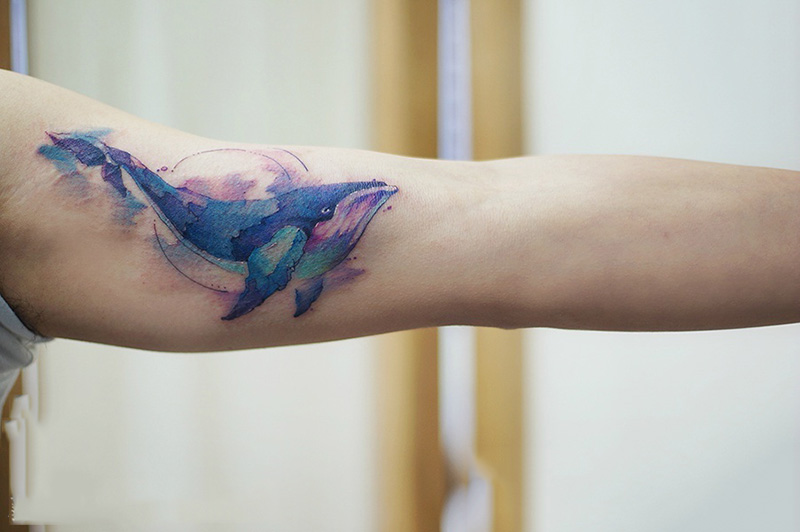 点击大图看下一张：手臂遨游的鲸鱼水彩纹身图片