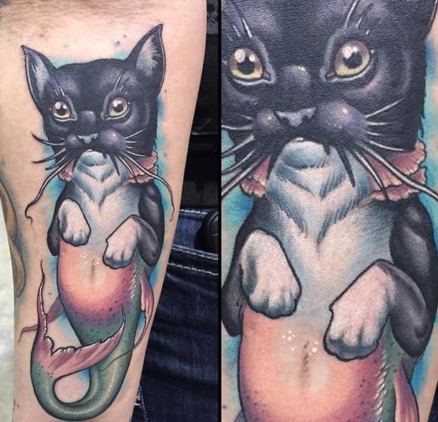 点击大图看下一张：14款彩色纹身动物猫脸纹身美人鱼纹身图案大全图片