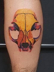 小腿上彩色的猫的骷髅头纹身图片