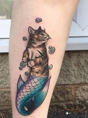 14款彩色纹身动物猫脸纹身美人鱼纹身图案大全图片