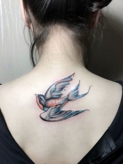 美女背部燕子彩绘纹身图案