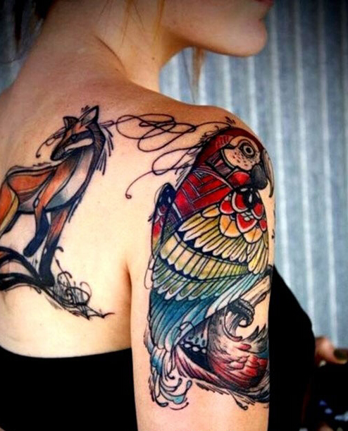 点击大图看下一张：女孩手臂彩色的鹦鹉纹身图案