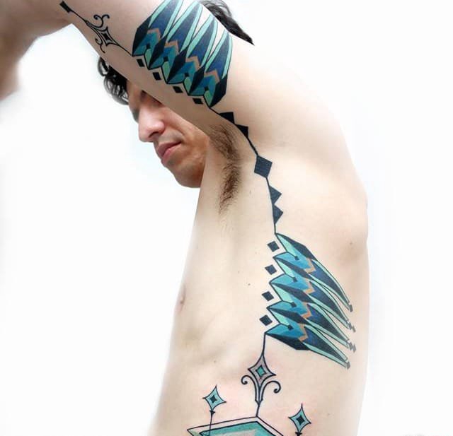 点击大图看下一张：16款彩色简单个性线条纹身动物和几何花臂纹身图案