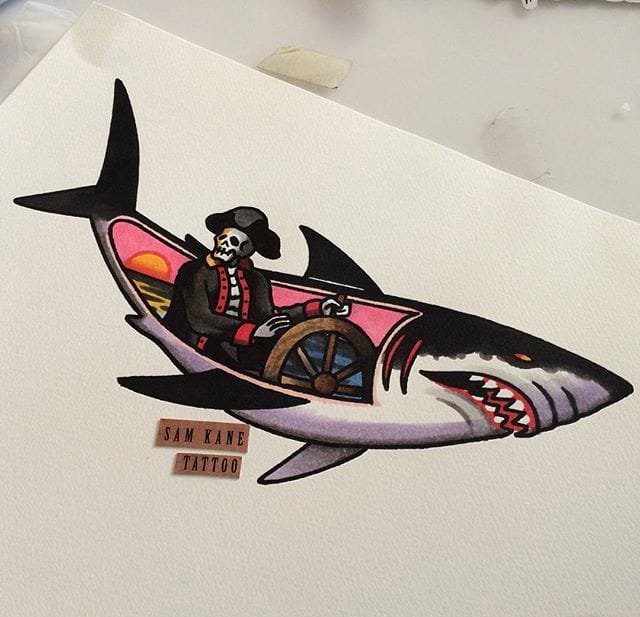 点击大图看下一张：彩色大海风景纹身动物解剖鲨鱼纹身手稿图案