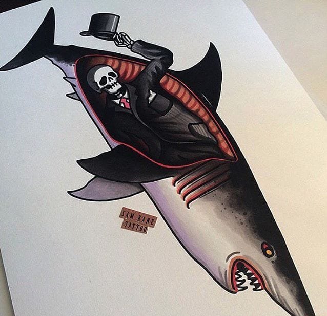 点击大图看下一张：彩色大海风景纹身动物解剖鲨鱼纹身手稿图案