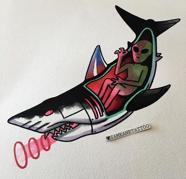 点击大图看下一张：彩色大海风景纹身动物解剖鲨鱼纹身手稿图案