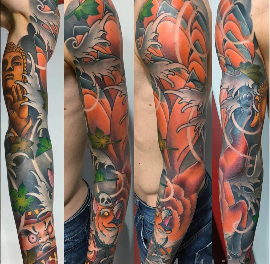 点击大图看下一张：神奇民间传说九尾狐纹身日式纹身花臂和满背纹身图案