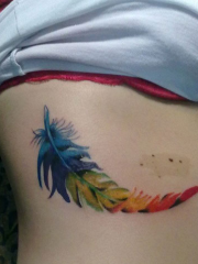 肋部上漂亮的彩色羽毛纹身图案