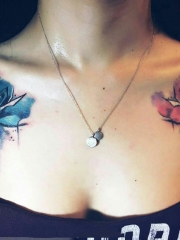 女生肩部水彩玫瑰个性纹身图案